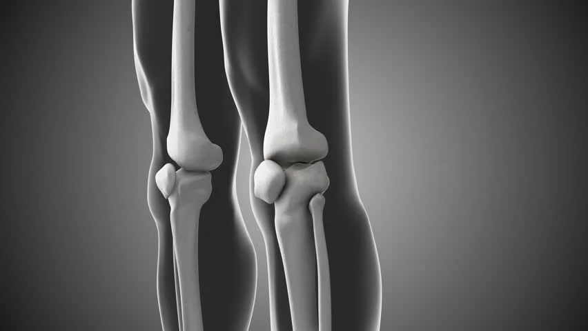 3D medical illustration of knee joint anatomy showing femur, patella, and tibia bones aligned