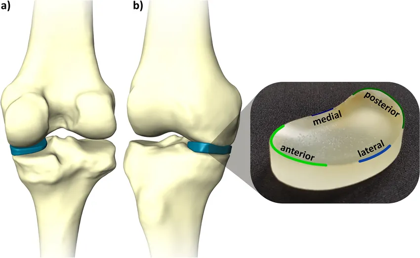 Knee joint diagram showing meniscus implant placement with anterior, posterior, and lateral views
