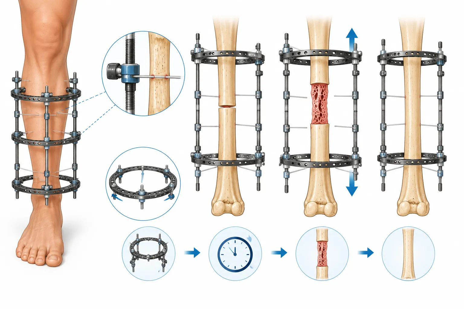 Ilizarov external fixation frame used to gradually lengthen and straighten leg bones.