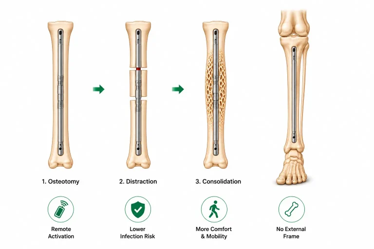 RECICE internal lengthening nail and LON method, including osteotomy, distraction, consolidation, and final bone healing stages during limb lengthening treatment.