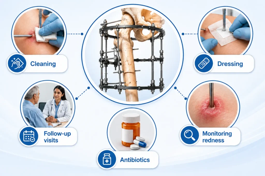 Infographic showing Ilizarov fixator pin-site care: cleaning, dressing, antibiotics, and monitoring redness